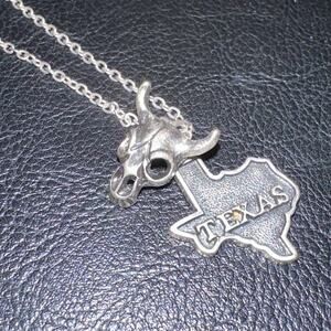 Necklace Silver Tone Texas State and long horn Charm 21"